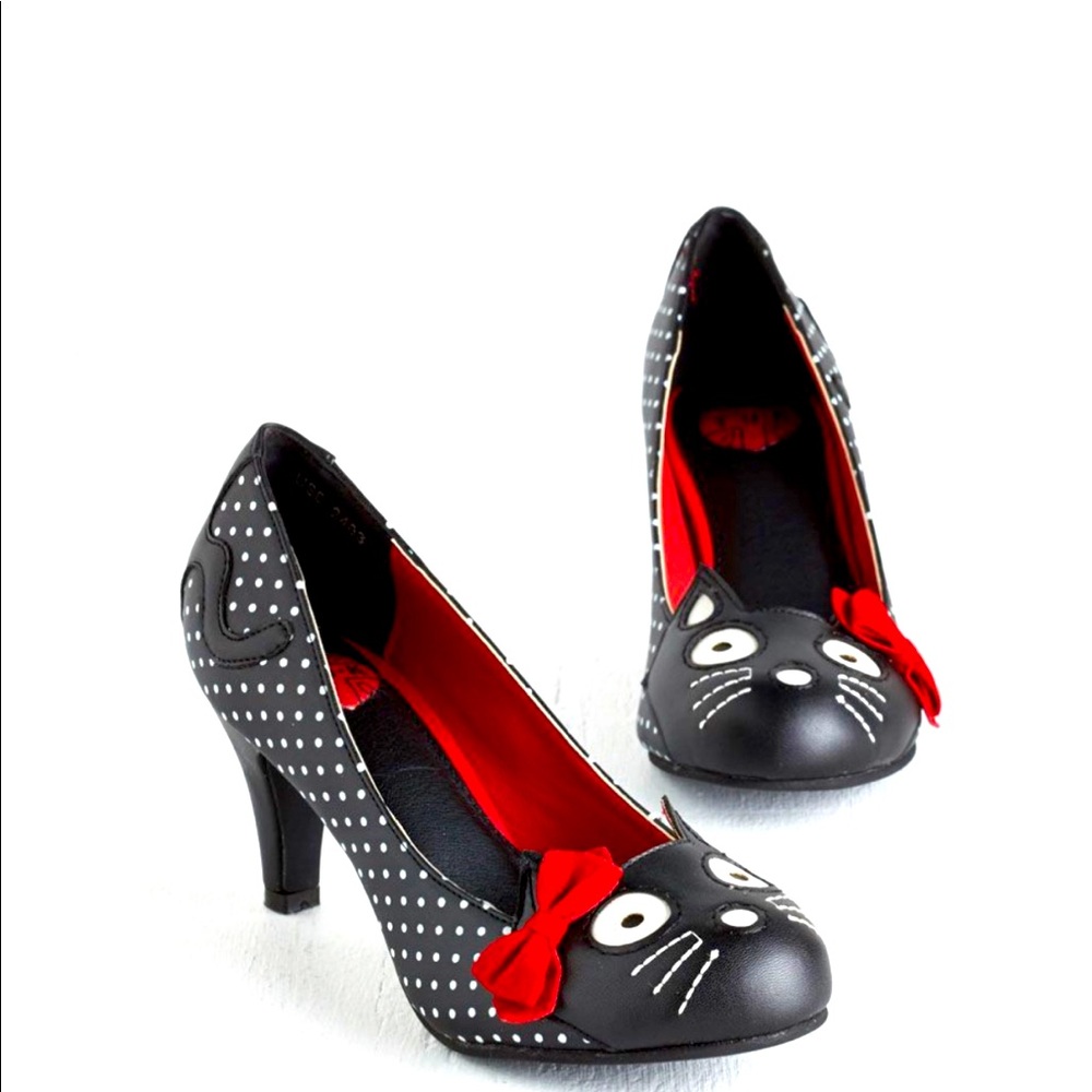 TUK ModCloth Black Kitty Cat Polka Dot Pump Heels